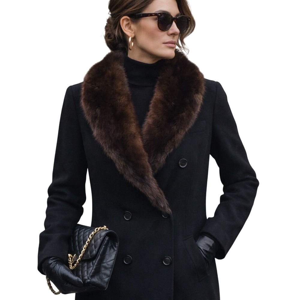 VTG House of Cromwell Black Wool Mink Fur Collar Coat Double‎ Breasted Womens M